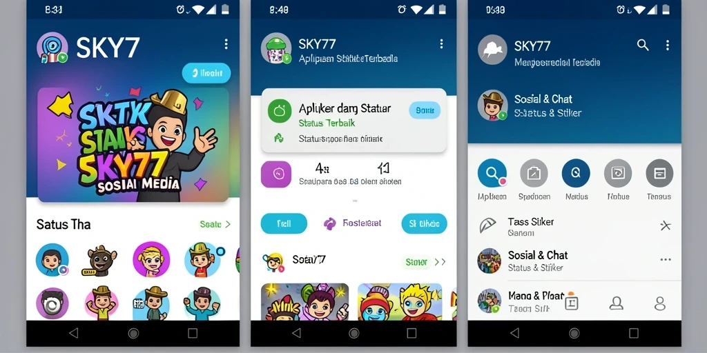 Tampilan antarmuka SKY77 yang menarik dengan koleksi stiker beragam.